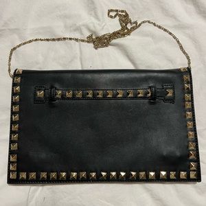 Studded night bag with long chain strap (black and gold)